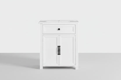 A white single-sink bathroom vanity cabinet with a single drawer and two cabinet doors, featuring black hardware, shown against a plain white background.