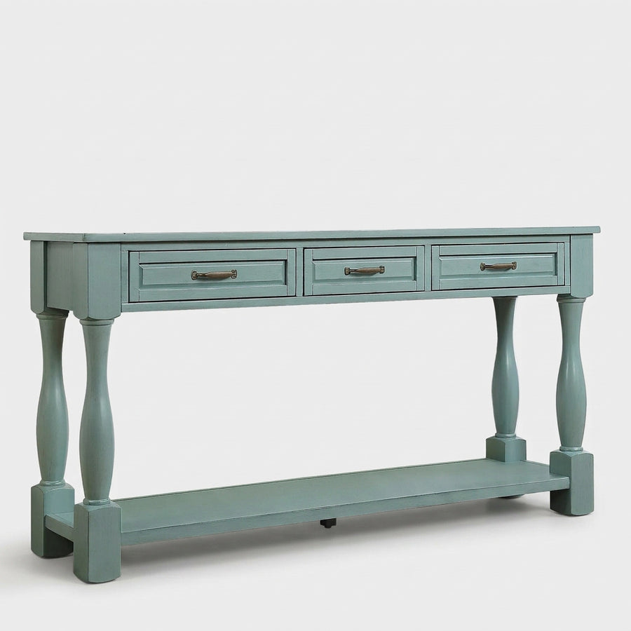 60inch Long Wood Console Table with 3 Drawers and 1 Bottom Shelf for Entryway Hallway Easy Assembly Extra-thick Sofa Table ( Retro Blue)