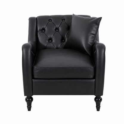 A black  Solo faux leather armchair with button tufting on the backrest and a matching throw pillow, shown against a plain white background.