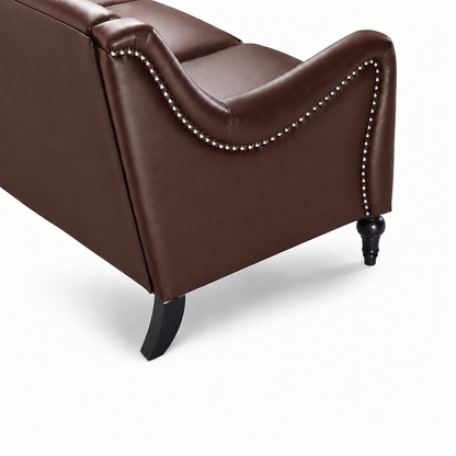 Close-up of a brown faux leather armchair showing the side profile, nailhead trim, and turned black legs against a white background. Dark Brown 3 Seater Solo loveseat