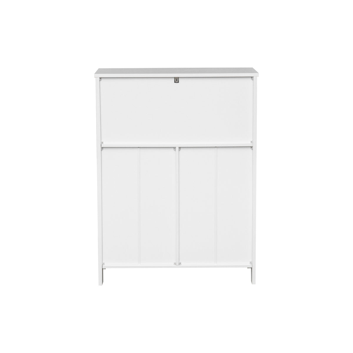 A white wooden storage cabinet with a single drawer on the top half and two paneled doors on the bottom half, shown against a plain white background.