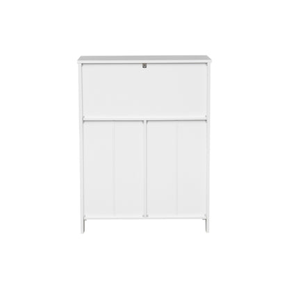A white wooden storage cabinet with a single drawer on the top half and two paneled doors on the bottom half, shown against a plain white background.