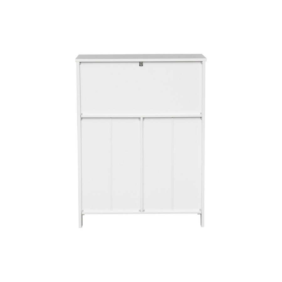 A white wooden storage cabinet with a single drawer on the top half and two paneled doors on the bottom half, shown against a plain white background.