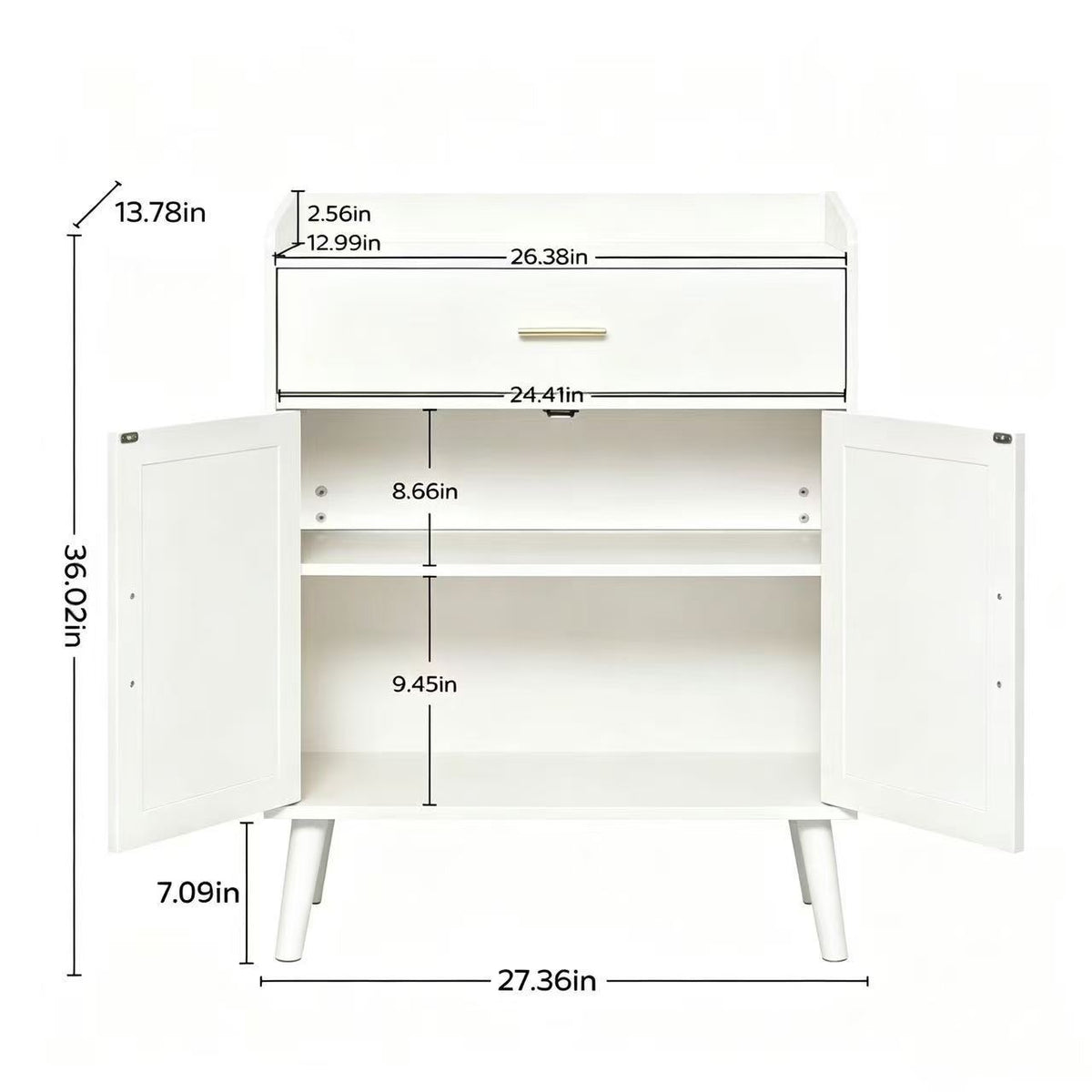 White two-drawer nightstand with open doors, shown with dimension callouts for width, height, and shelf spacing on a light gray background.