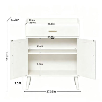 White two-drawer nightstand with open doors, shown with dimension callouts for width, height, and shelf spacing on a light gray background.