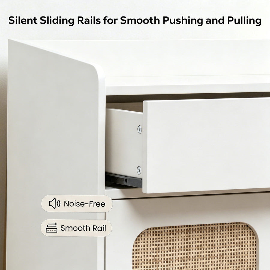Close-up of a white drawer with a partially extended sliding rail mechanism, under the text 'Silent Sliding Rails for Smooth Pushing and Pulling,' with callout labels reading 'Noise-Free' and 'Smooth Rail.'.