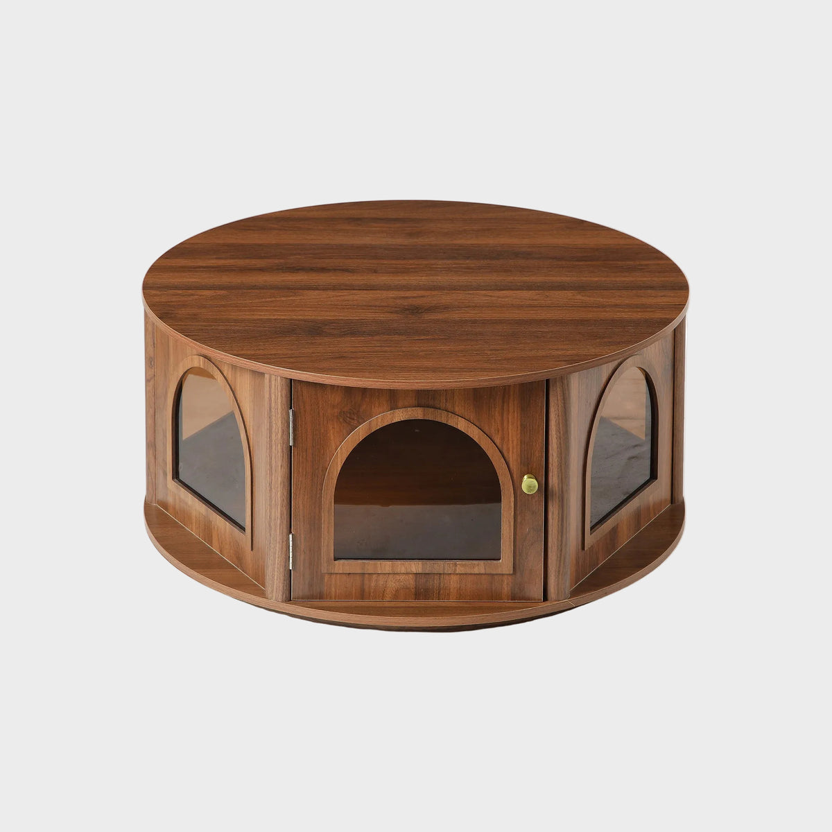 31.5' Round Coffee Table  with Storage, Arched Glass Door Pet House Table in Walnut Wood Grain, Mid-Century Modern Furniture for Living Room