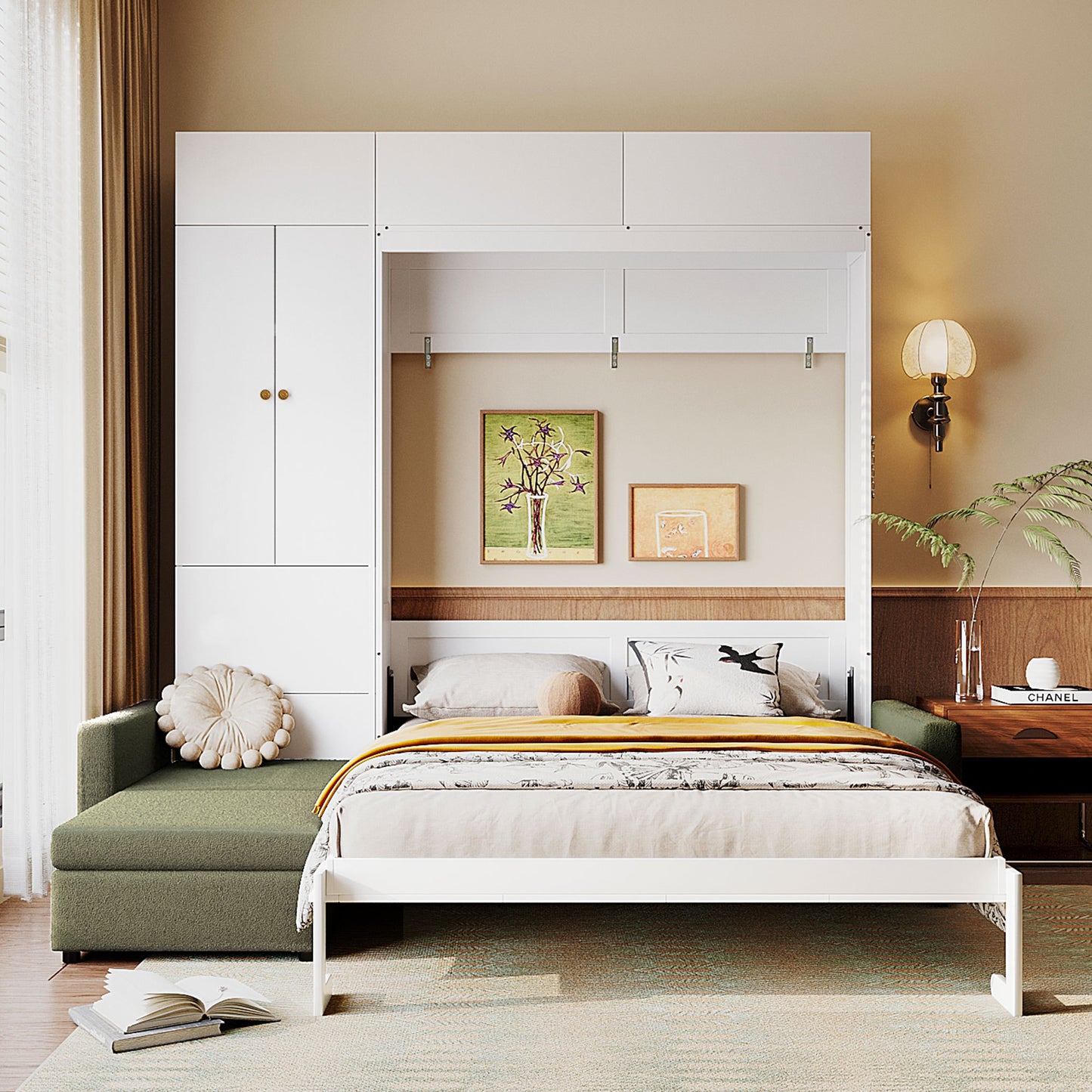 Queen Size Murphy Bed Wall Bed with Sofa and Shelves