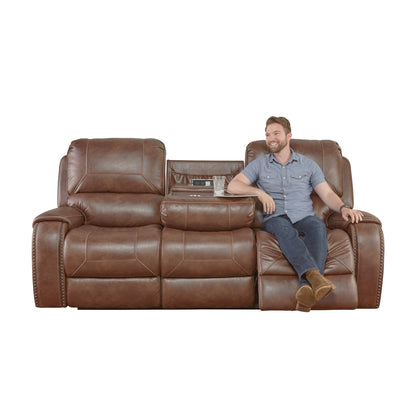 Achern Brown Leather-Air Nailhead Manual Reclining Sofa with Storage Console and USB Port