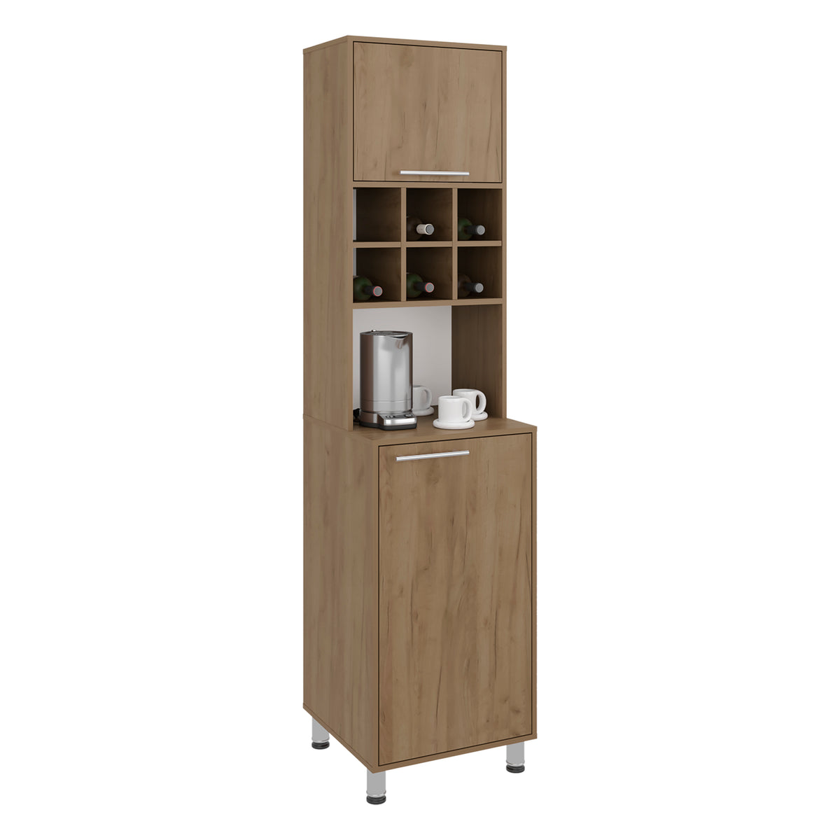 A tall, narrow wooden bar or beverage cabinet with a top door, open shelving, a lower drawer, and small silver legs. The cabinet is shown empty against a plain white background, with a coffee maker and mugs placed on the countertop as styling props. Natural