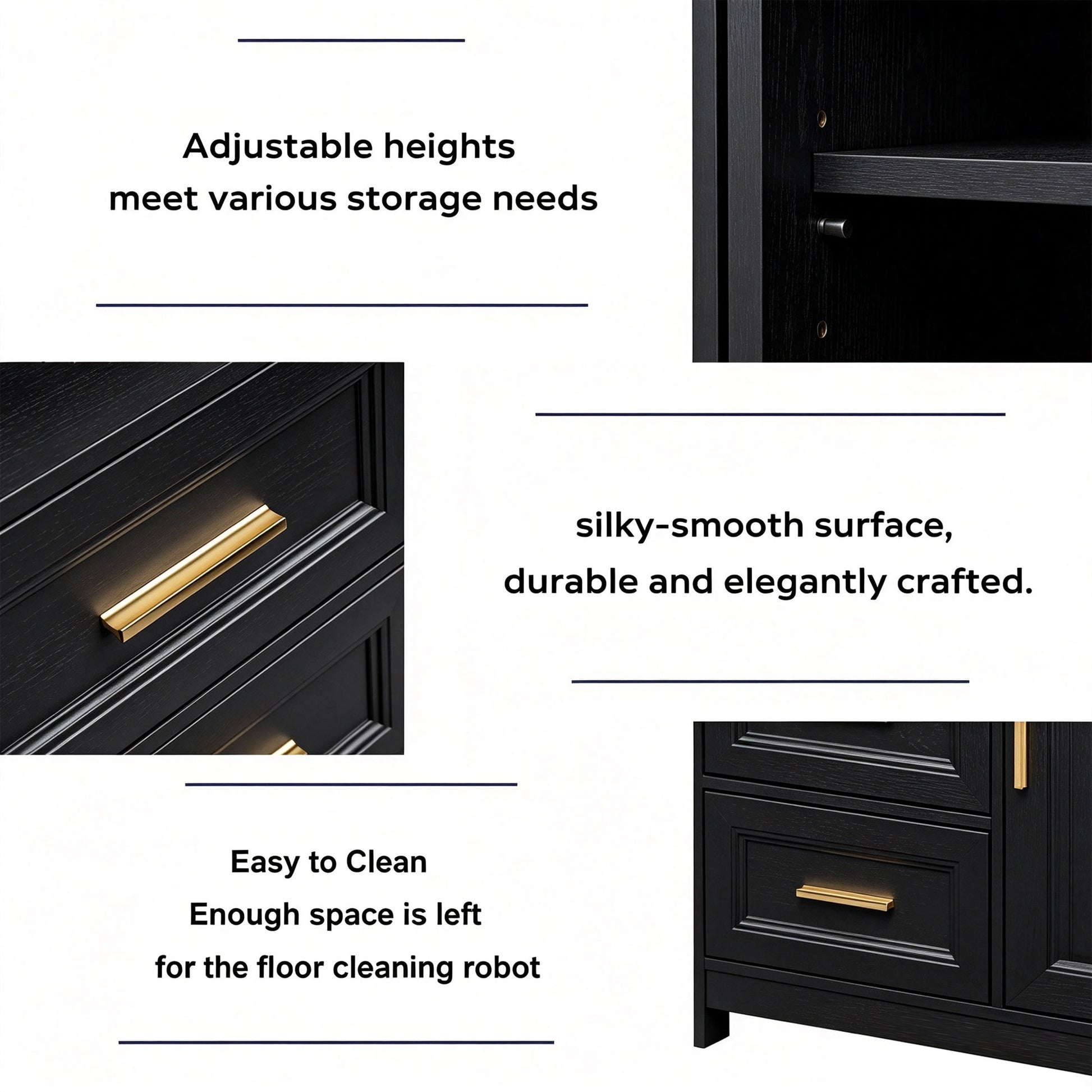 Black cabinet and drawer unit shown in a feature infographic with text highlighting adjustable heights, a silky-smooth surface, and easy-to-clean design. Close-up panels show gold-toned drawer pulls and dark wood grain.