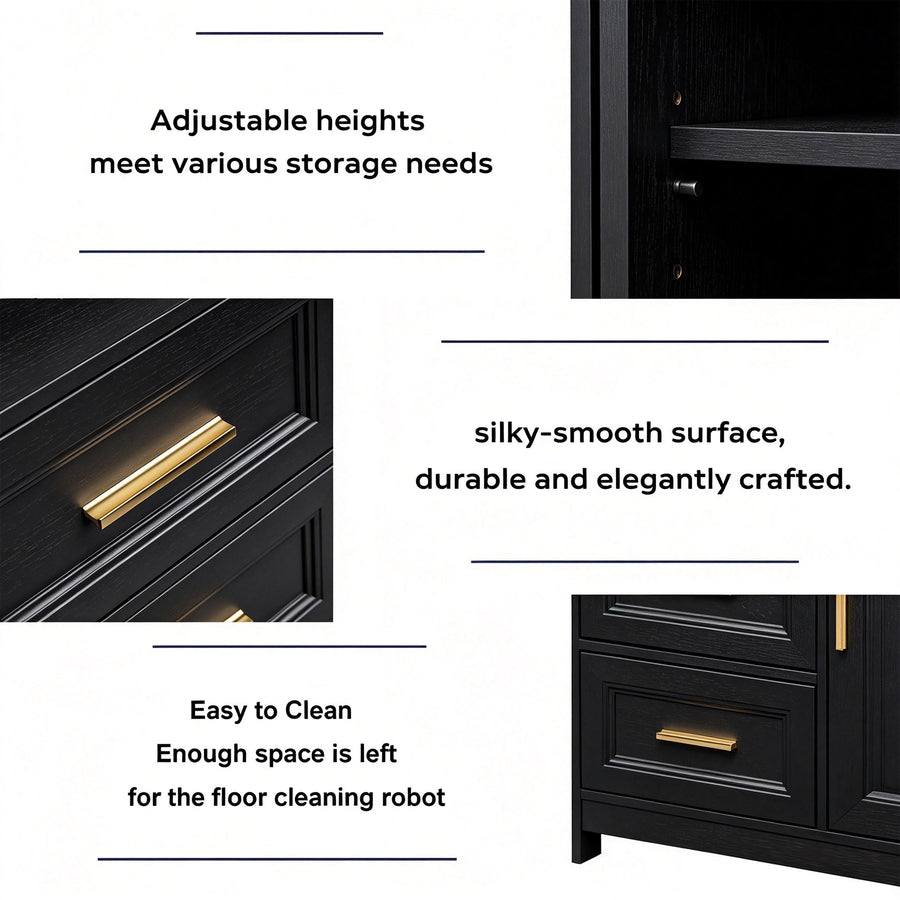 Black cabinet and drawer unit shown in a feature infographic with text highlighting adjustable heights, a silky-smooth surface, and easy-to-clean design. Close-up panels show gold-toned drawer pulls and dark wood grain.