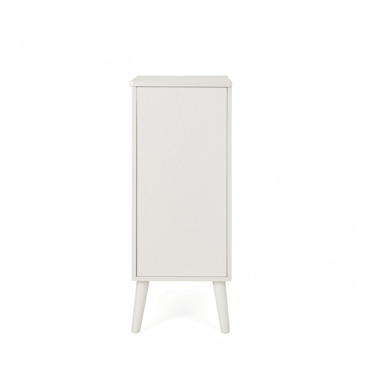 A tall, narrow white cabinet with a single door and tapered legs, shown against a plain white background.