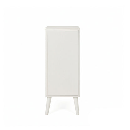 A tall, narrow white cabinet with a single door and tapered legs, shown against a plain white background.