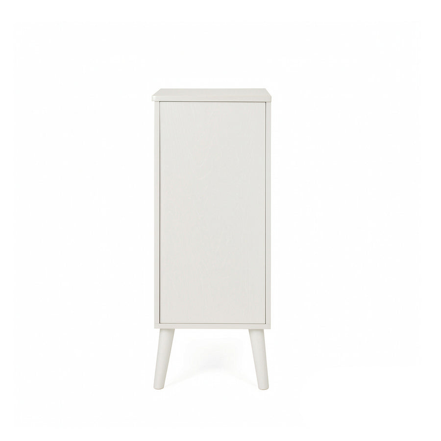 A tall, narrow white cabinet with a single door and tapered legs, shown against a plain white background.