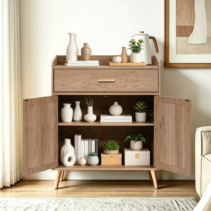 A mid-century modern natural  wooden side cabinet with a single drawer and two open doors, styled with books, vases, and small potted plants in a bright living room.