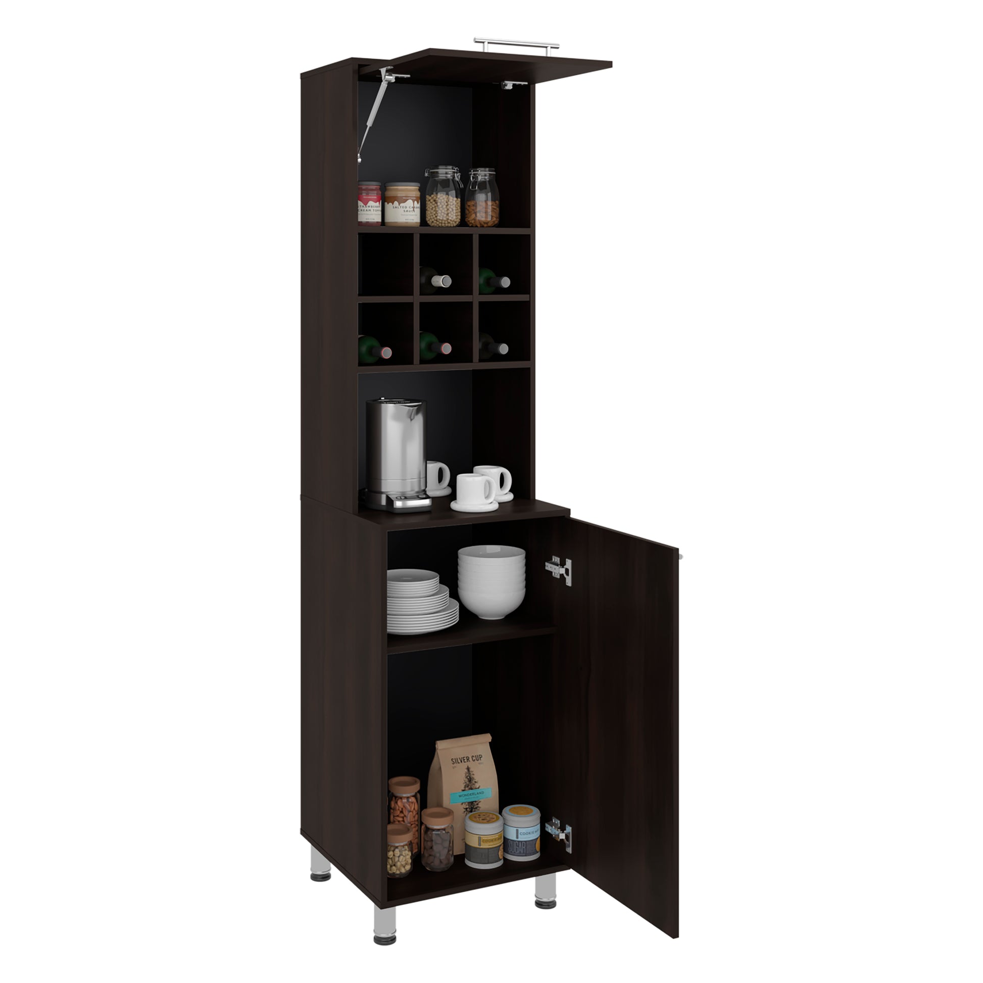 Black kitchen cabinet with open doors displaying various kitchen items on a white background Walnut