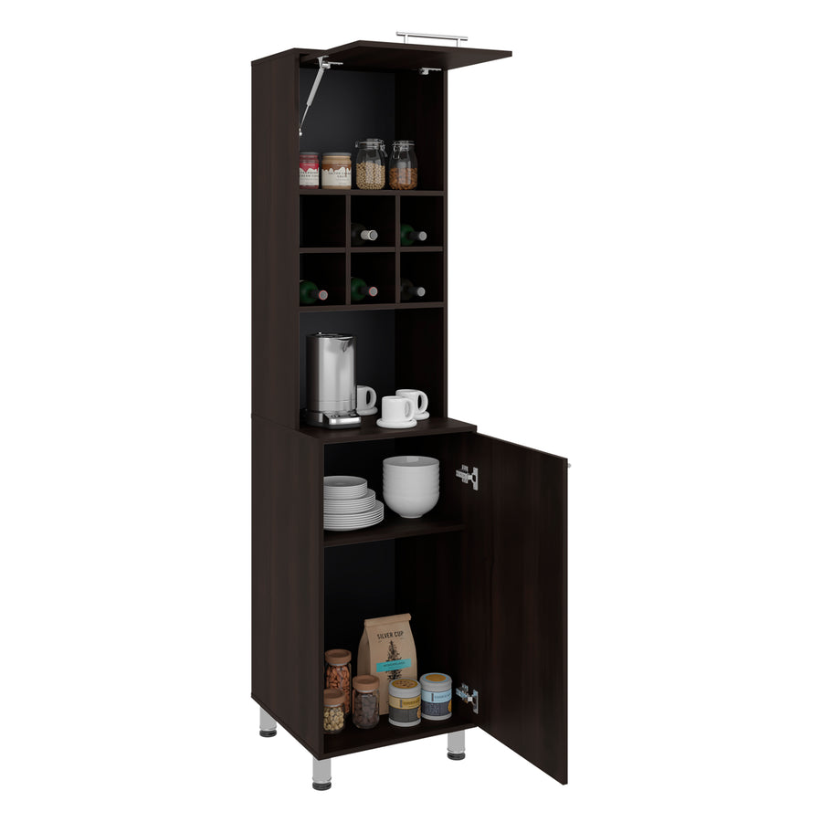 Black kitchen cabinet with open doors displaying various kitchen items on a white background Walnut