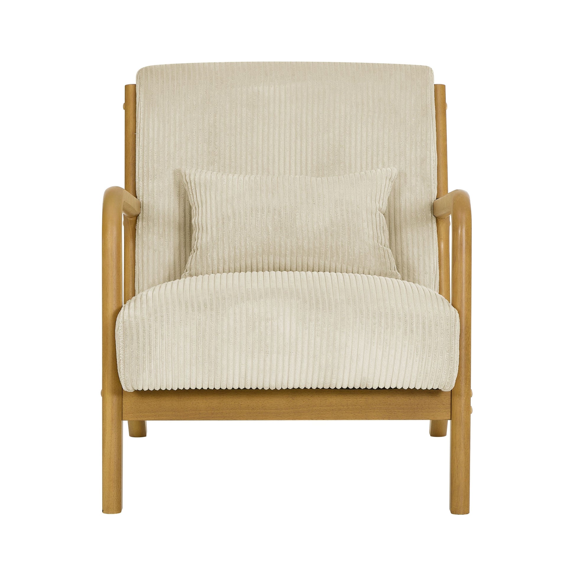 Beige Corduroy Upholstered Wooden Armchair with Back Support Pillow