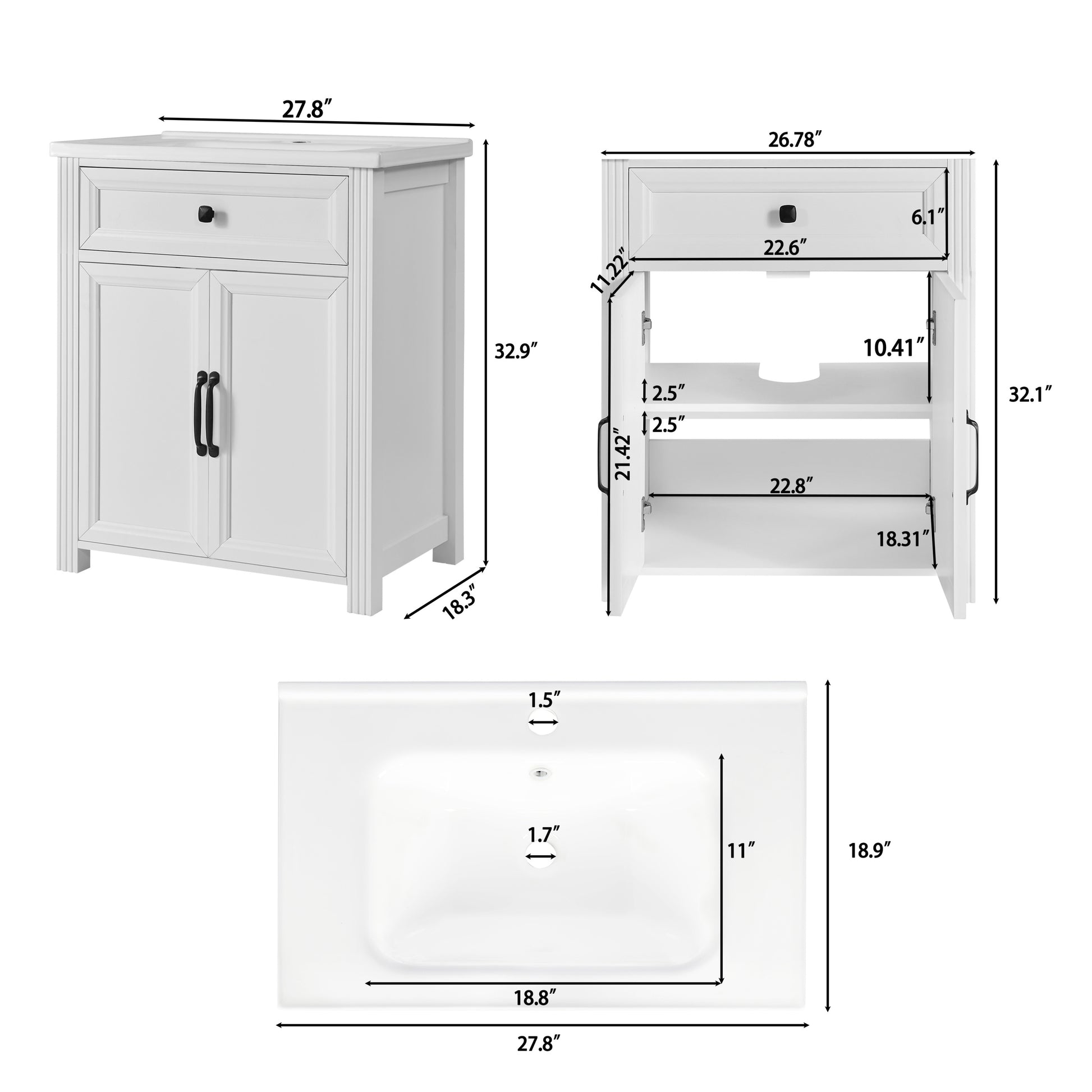 White bathroom vanity cabinet shown with dimension callouts from multiple angles, including front, open side, and sink top views, on a light gray background.