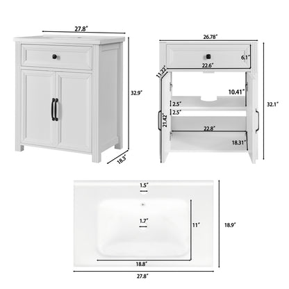 White bathroom vanity cabinet shown with dimension callouts from multiple angles, including front, open side, and sink top views, on a light gray background.