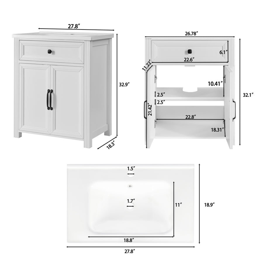 White bathroom vanity cabinet shown with dimension callouts from multiple angles, including front, open side, and sink top views, on a light gray background.