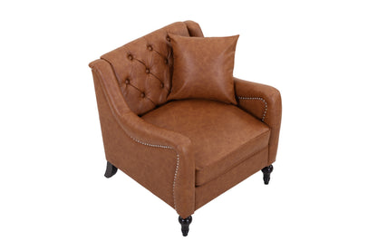 A brown faux-leather armchair with button tufting on the backrest, a matching throw pillow, and silver nailhead trim, shown on a plain white background. light brown solo 