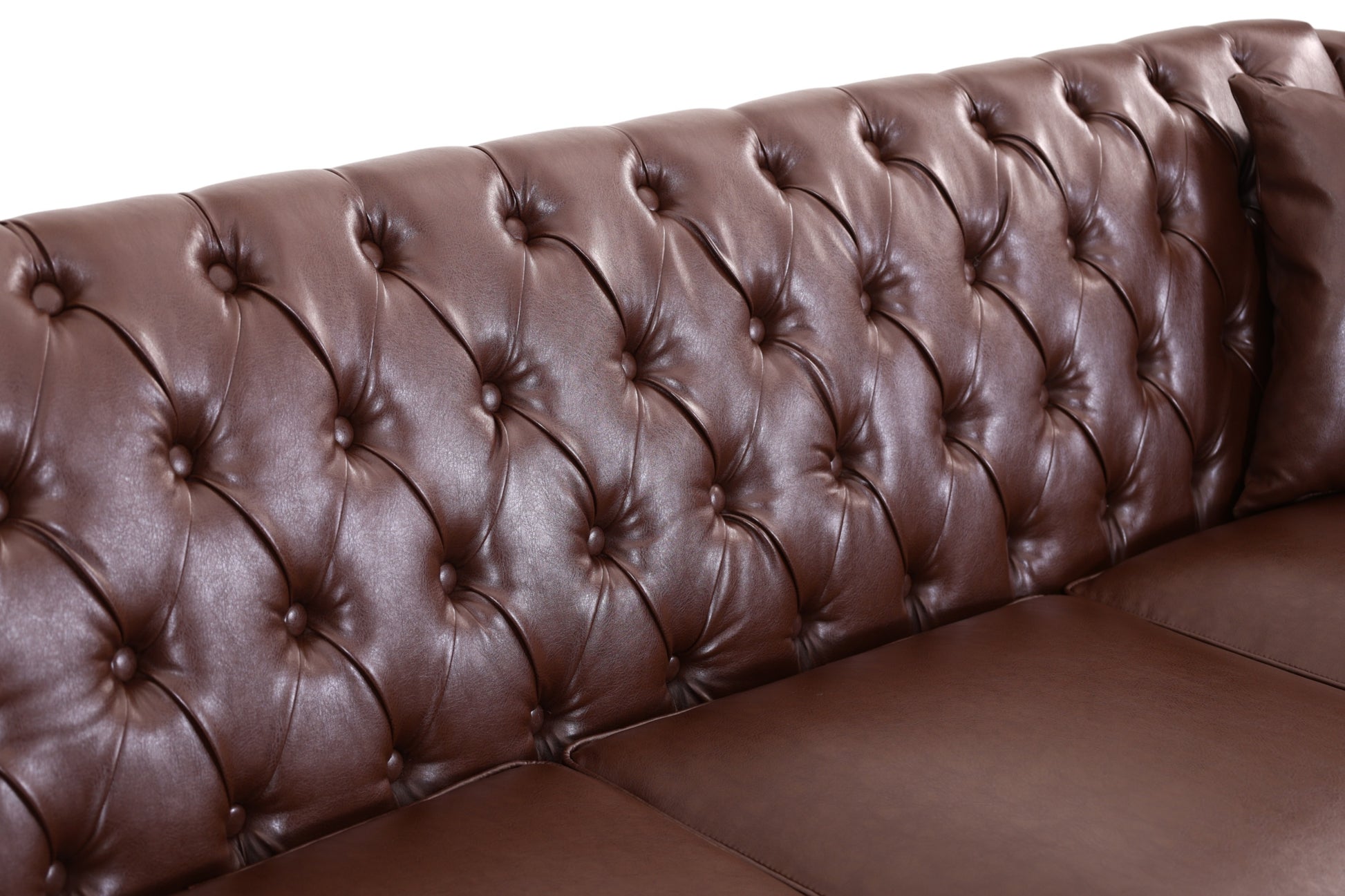 Close-up of a brown tufted leather sofa backrest with deep button tufting and smooth leather seat cushions against a white background. Dark Brown 3 Seater Solo loveseat