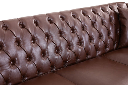 Close-up of a brown tufted leather sofa backrest with deep button tufting and smooth leather seat cushions against a white background. Dark Brown 3 Seater Solo loveseat
