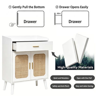 White two-drawer cabinet with woven rattan-style door panels and gold-tone handles, shown with callout diagrams explaining how to pull the bottom gently and open the drawer. Text highlights high-quality materials and features like being quiet and safe.