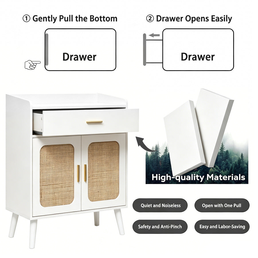 White two-drawer cabinet with woven rattan-style door panels and gold-tone handles, shown with callout diagrams explaining how to pull the bottom gently and open the drawer. Text highlights high-quality materials and features like being quiet and safe.