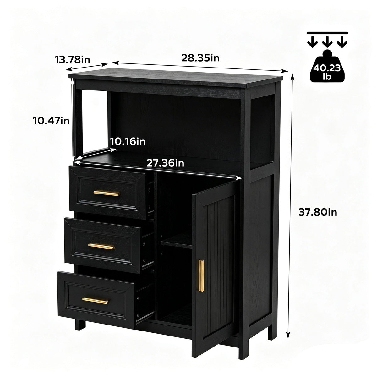 Black wooden storage cabinet with three drawers and one open door, shown with dimension labels and a weight icon on a background.