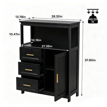 Black wooden storage cabinet with three drawers and one open door, shown with dimension labels and a weight icon on a background.