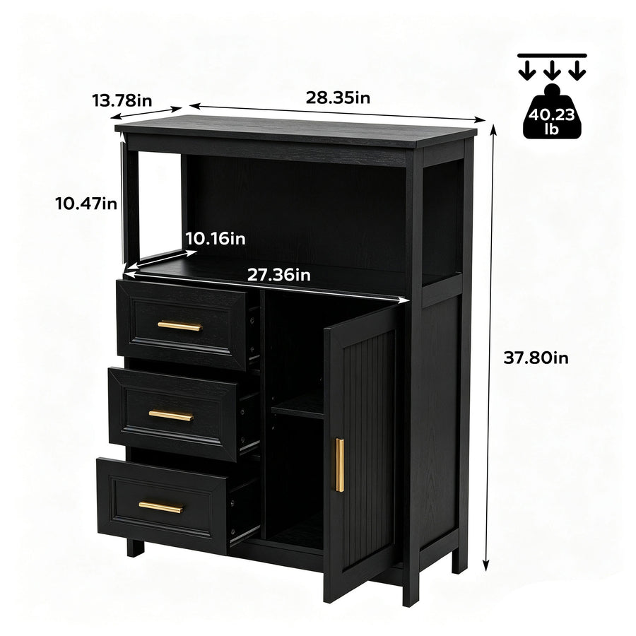 Black wooden storage cabinet with three drawers and one open door, shown with dimension labels and a weight icon on a background.