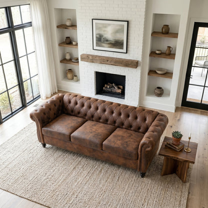 Brown PU Leather 3 Seater round arm sofa