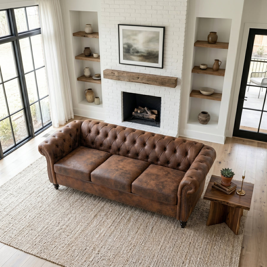 Brown PU Leather 3 Seater round arm sofa