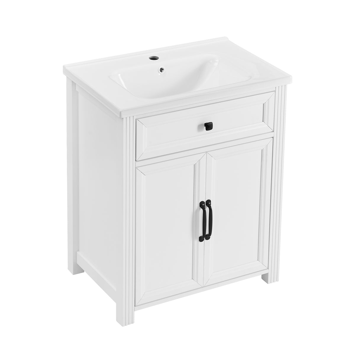 White bathroom vanity cabinet with an integrated white sink, one drawer, and one cabinet door with black handles, shown on a plain white background.