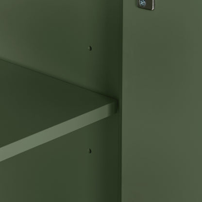 Close-up detail of a dark olive green metal cabinet or shelf unit, showing the corner where the door meets the shelf with small screw holes and a silver lock visible at the top.