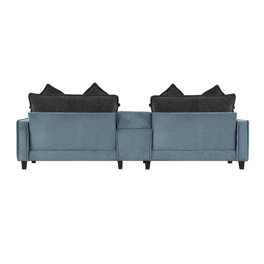 Grey + Light Blue Sectional Sofa with Ottoman