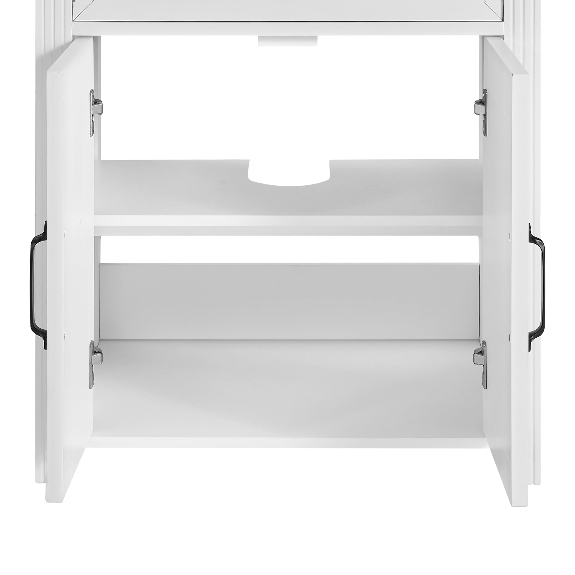 White two-door cabinet with open doors, showing two interior shelves and black handles on a plain white background.