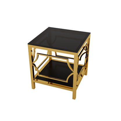 Black tampered glass golden metal leg square side table