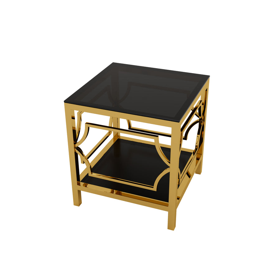 Black tampered glass golden metal leg square side table
