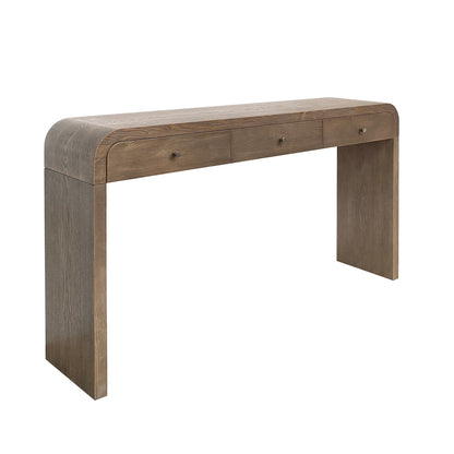 A rustic gray-brown wooden console table with three drawers and small round metal knobs, shown on a plain white background.