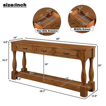 Console table with dimension annotations showing overall measurements and inset close-ups of two side drawers and the middle drawer. The table has a warm medium-brown wood finish and is shown on a white background with the text 'size:Inch' in the top left.