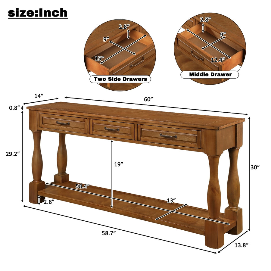 Console table with dimension annotations showing overall measurements and inset close-ups of two side drawers and the middle drawer. The table has a warm medium-brown wood finish and is shown on a white background with the text 'size:Inch' in the top left.