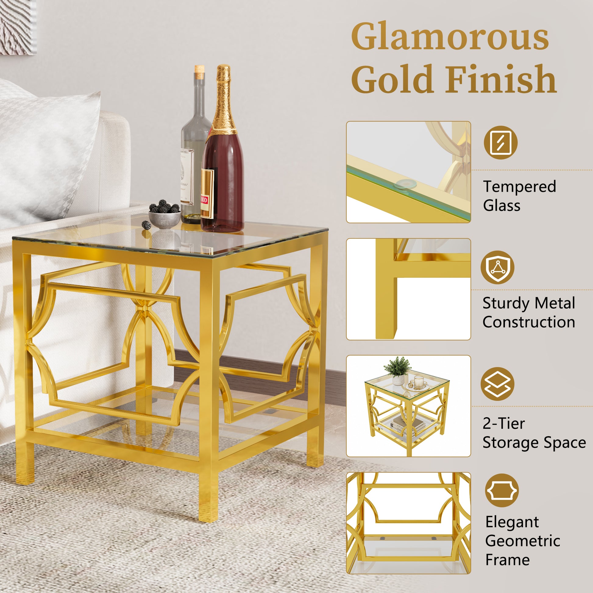 Transparent tampered glass golden metal leg square side table