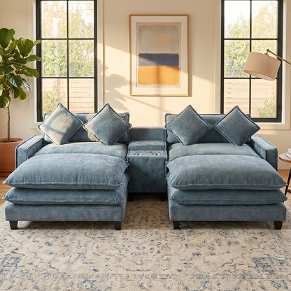 Light Blue Sectional Sofa with Ottoman