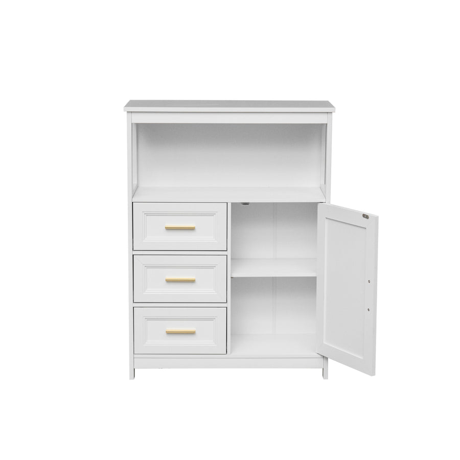 A white wooden storage cabinet with three drawers on the left, a tall open shelf on the right, and an open door on the right side showing a light-colored interior. The cabinet features simple gold-toned drawer pulls.