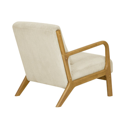 Beige Corduroy Upholstered Wooden Armchair with Back Support Pillow