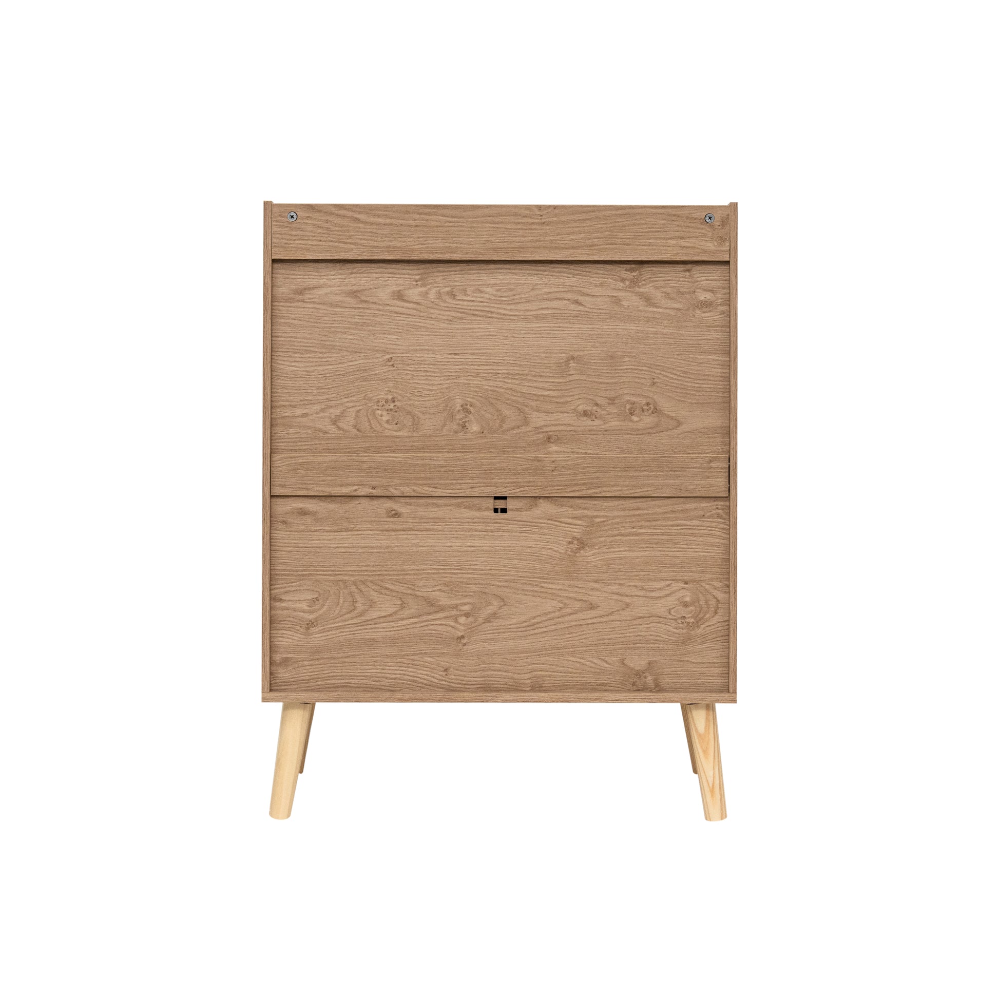 A two-drawer natural  wooden cabinet with a light oak finish and tapered wooden legs, shown against a plain background.